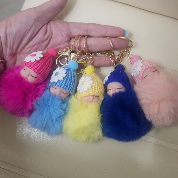 PICK YOUR COLOR NWT Sleeping Baby Doll Pom Pom Keychain - Picture 8 of 9